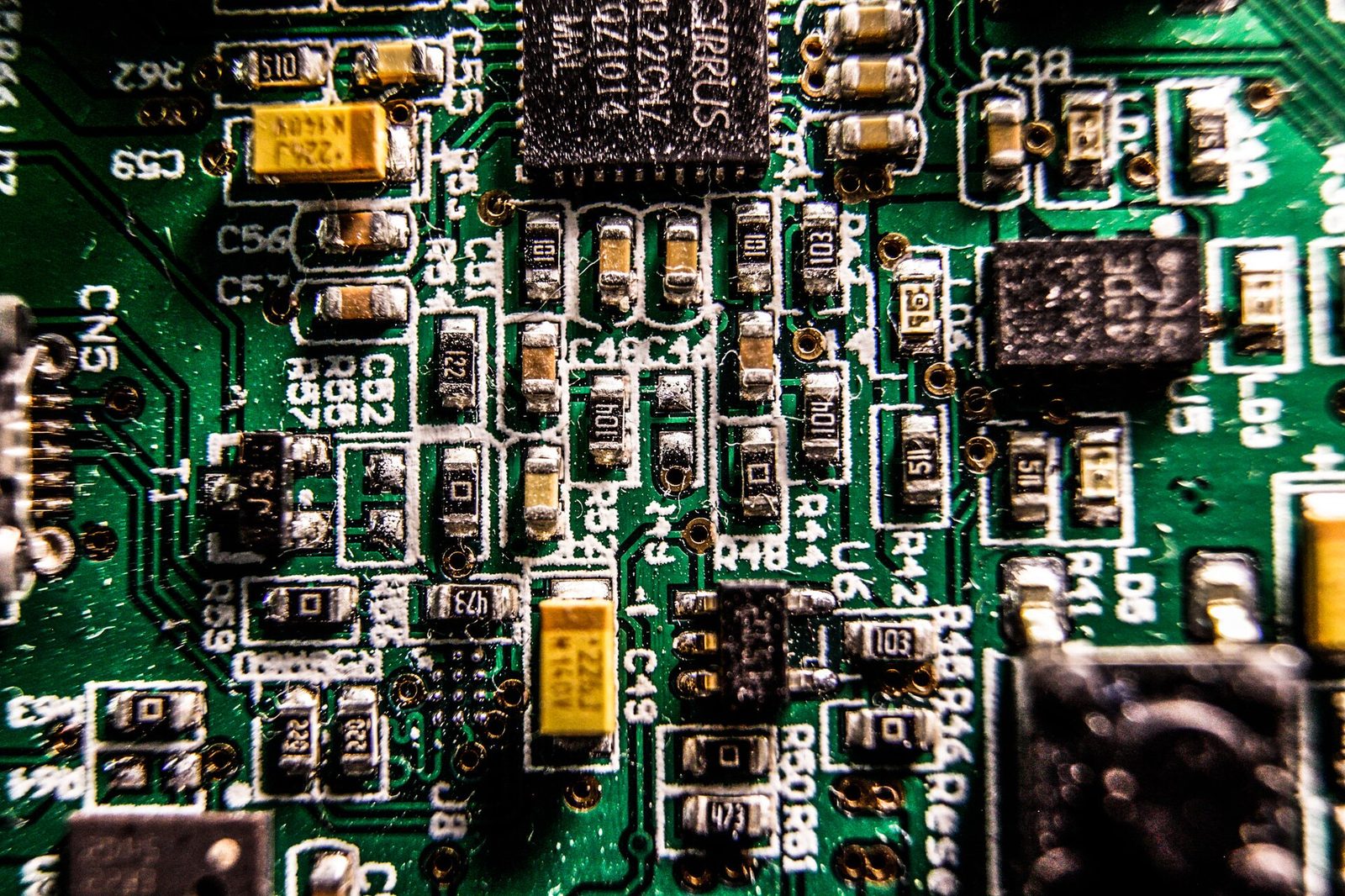 Macro shot of a printed circuit board with fine copper traces
